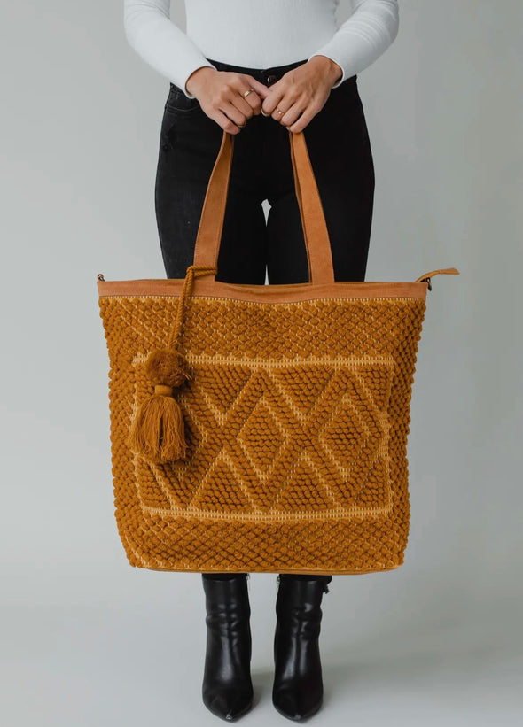 Diamond pattern tapestry tote