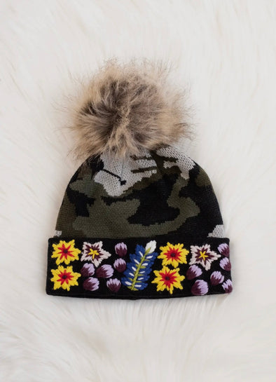 Floral embroidered knit hats