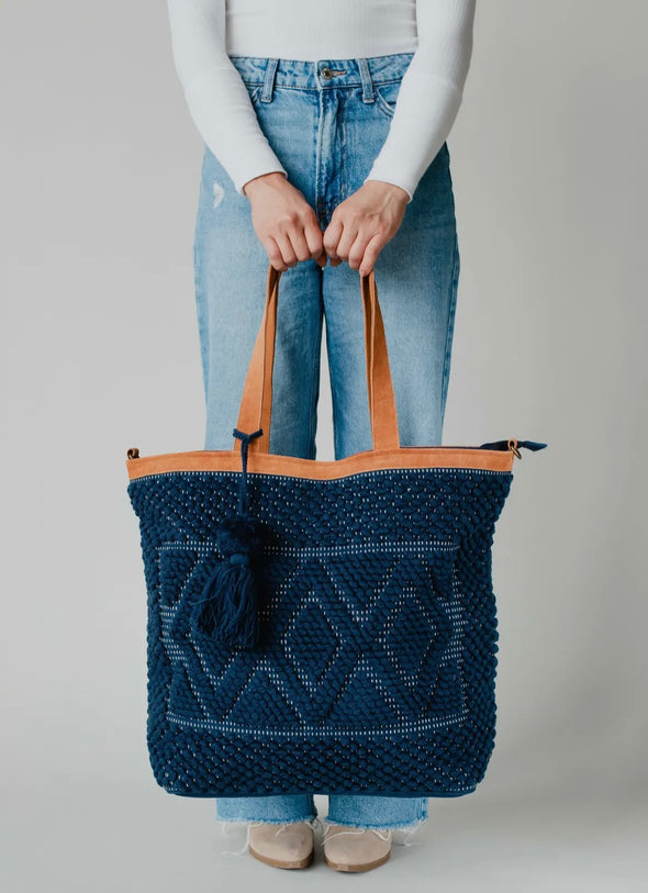 Diamond pattern tapestry tote