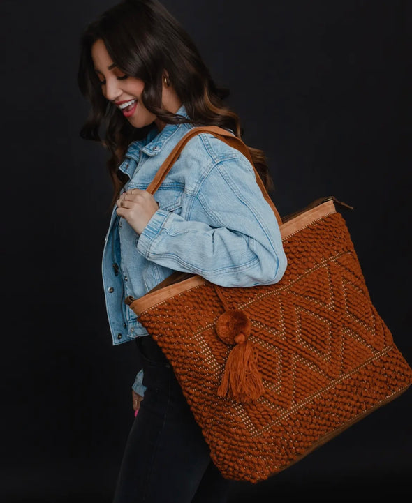 Diamond pattern tapestry tote