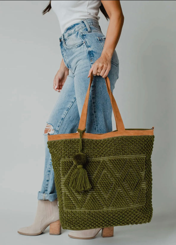 Diamond pattern tapestry tote