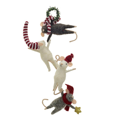 set of 4 felted hanging felt mice ornaments