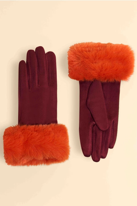 Powder faux suede and fur gloves