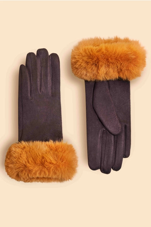 Powder faux suede and fur gloves