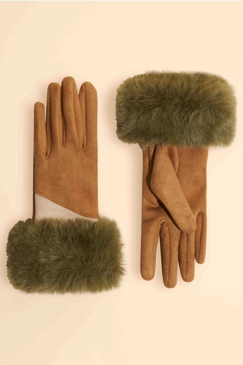 Powder faux suede and fur gloves