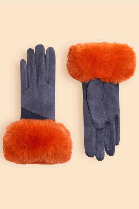 Powder faux suede and fur gloves