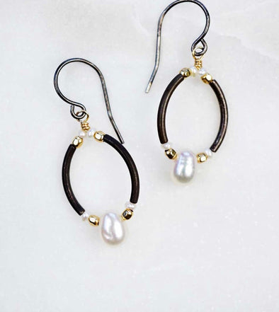Oval pearl hoop earrings